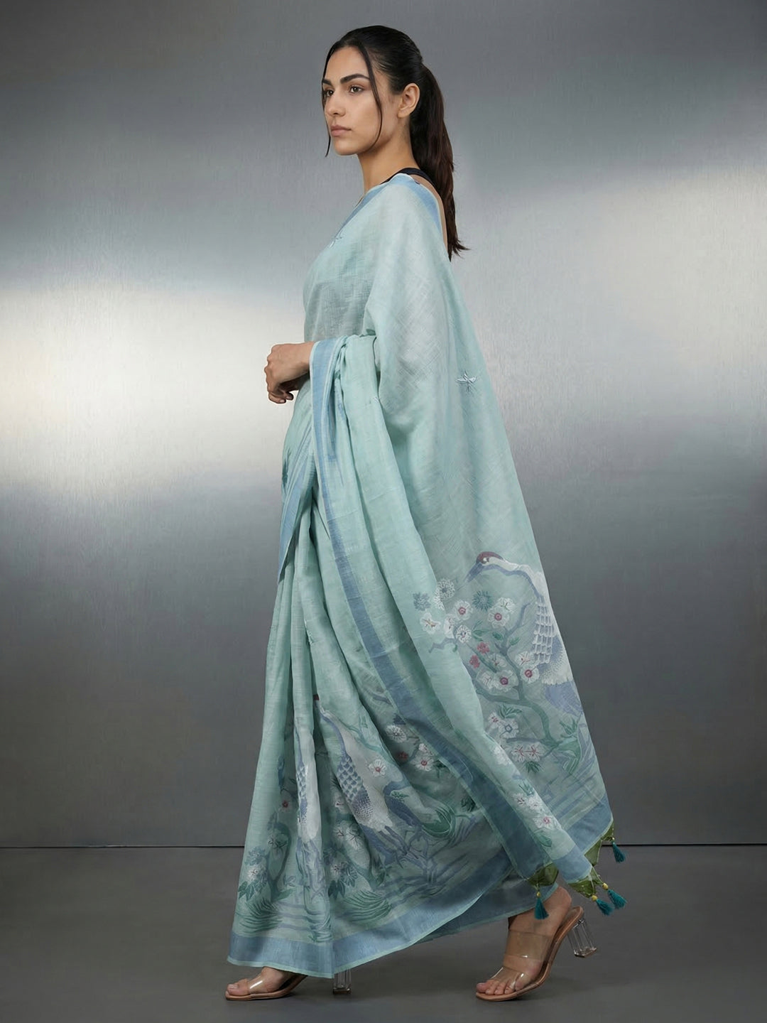 Sky Blue Resham Soft Muga Cotton Birds Pattern Saree
