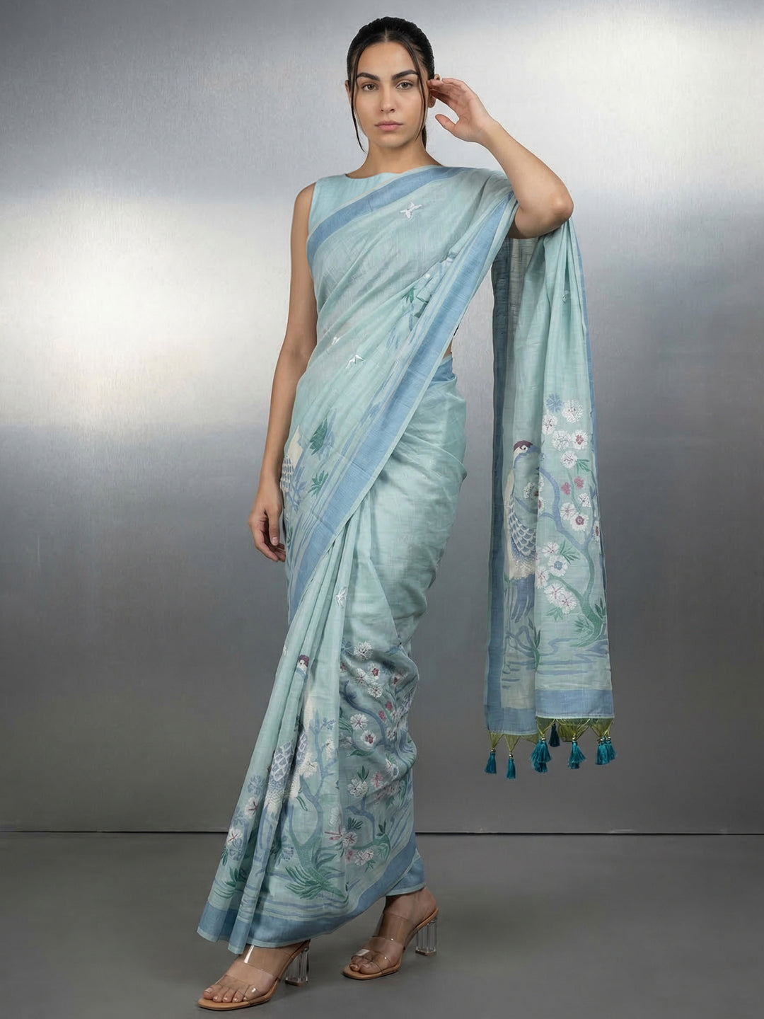Sky Blue Resham Soft Muga Cotton Birds Pattern Saree