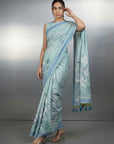 Sky Blue Resham Soft Muga Cotton Birds Pattern Saree