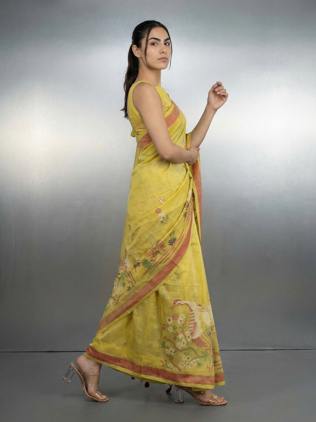 Yellow Resham Soft Muga Cotton Birds Pattern Saree