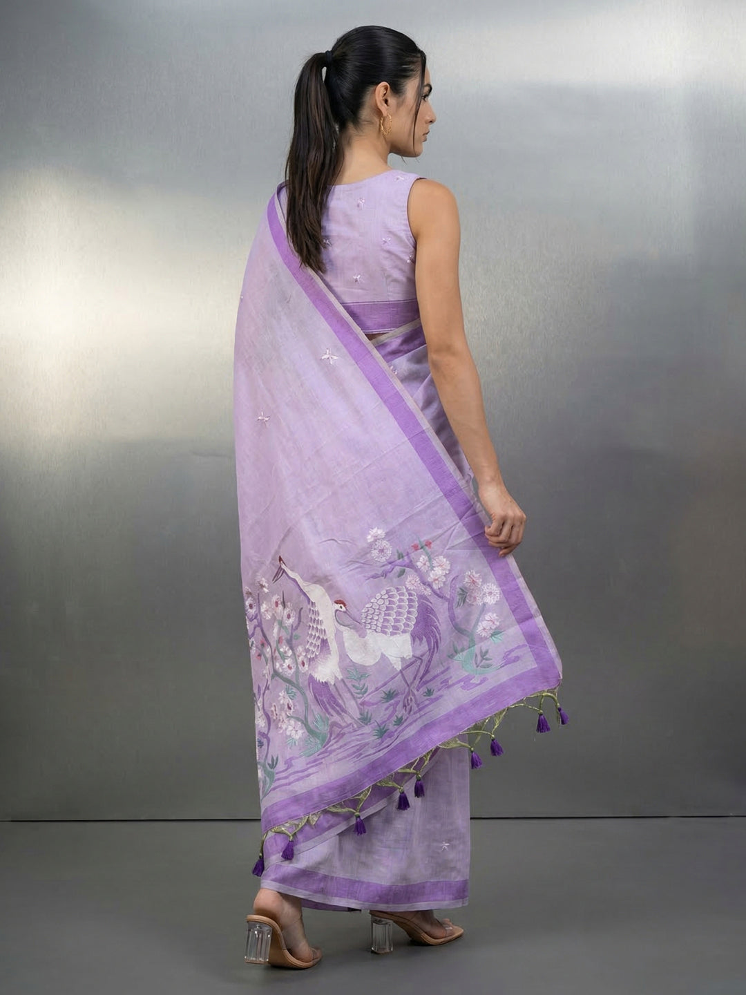 Lavender Resham Soft Muga Cotton Birds Pattern Saree