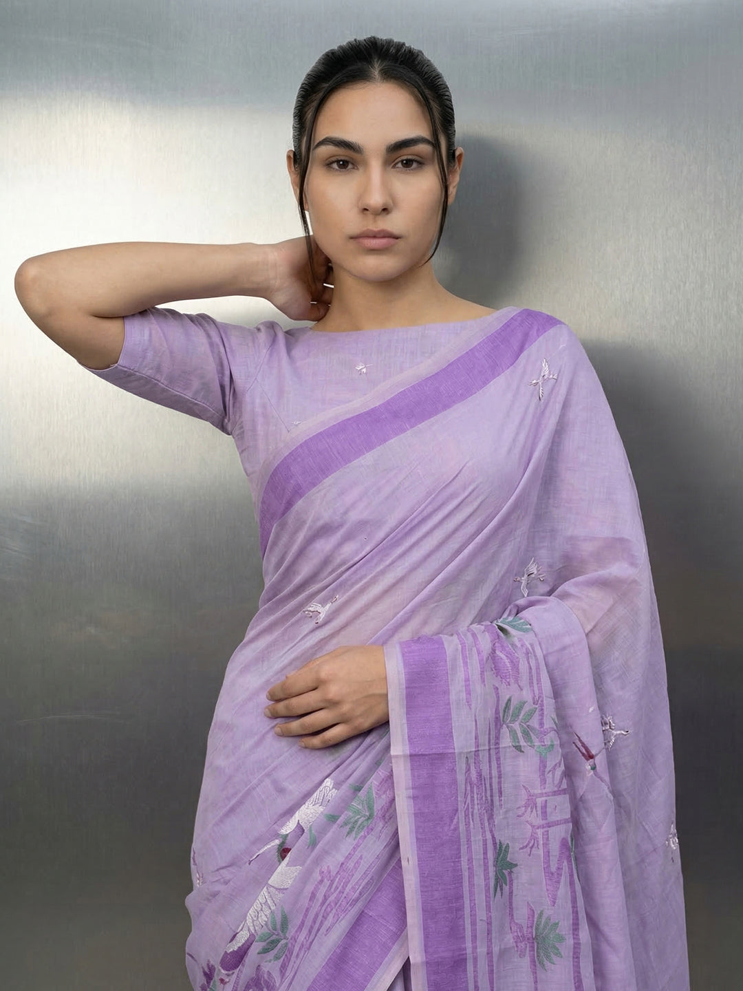Lavender Resham Soft Muga Cotton Birds Pattern Saree