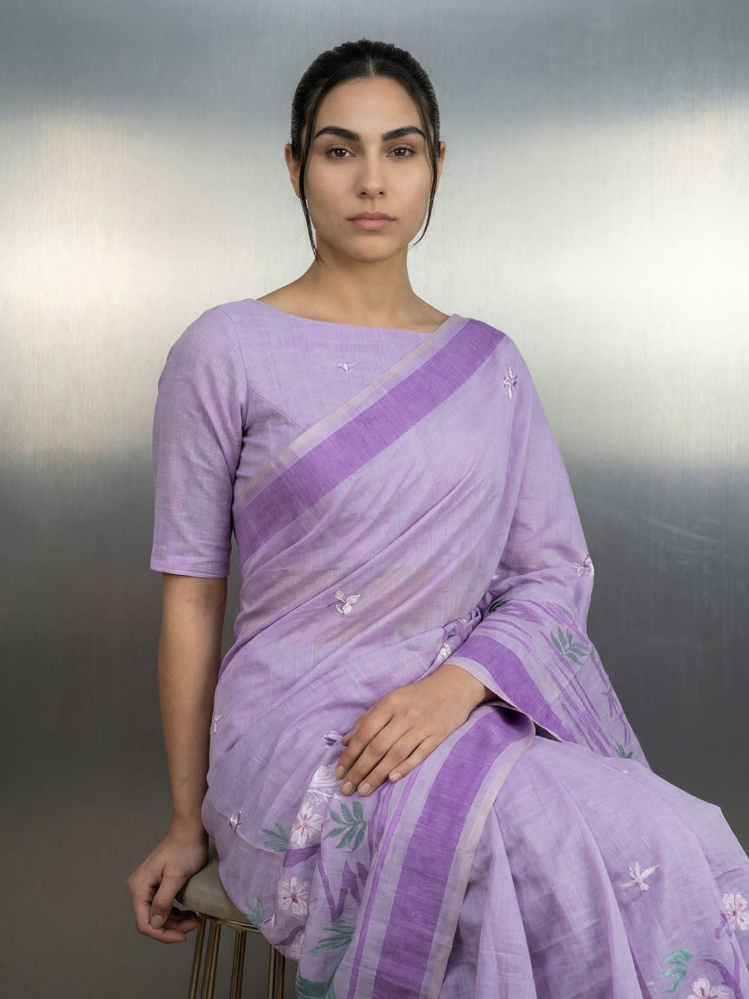 Lavender Resham Soft Muga Cotton Birds Pattern Saree
