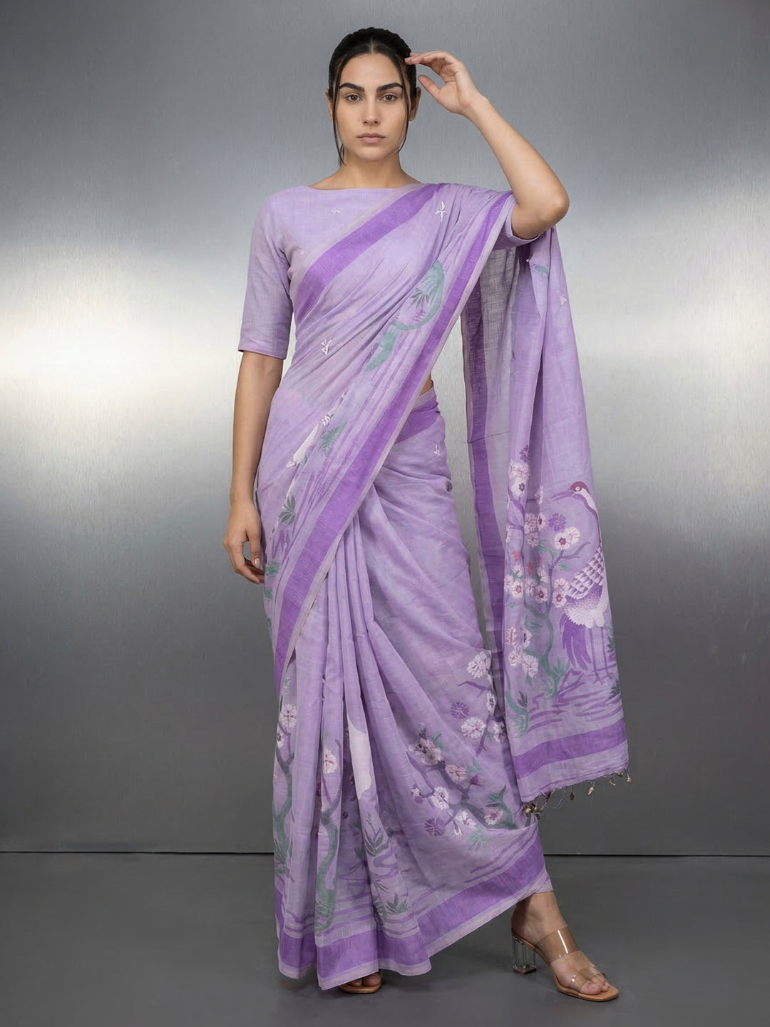 Lavender Resham Soft Muga Cotton Birds Pattern Saree