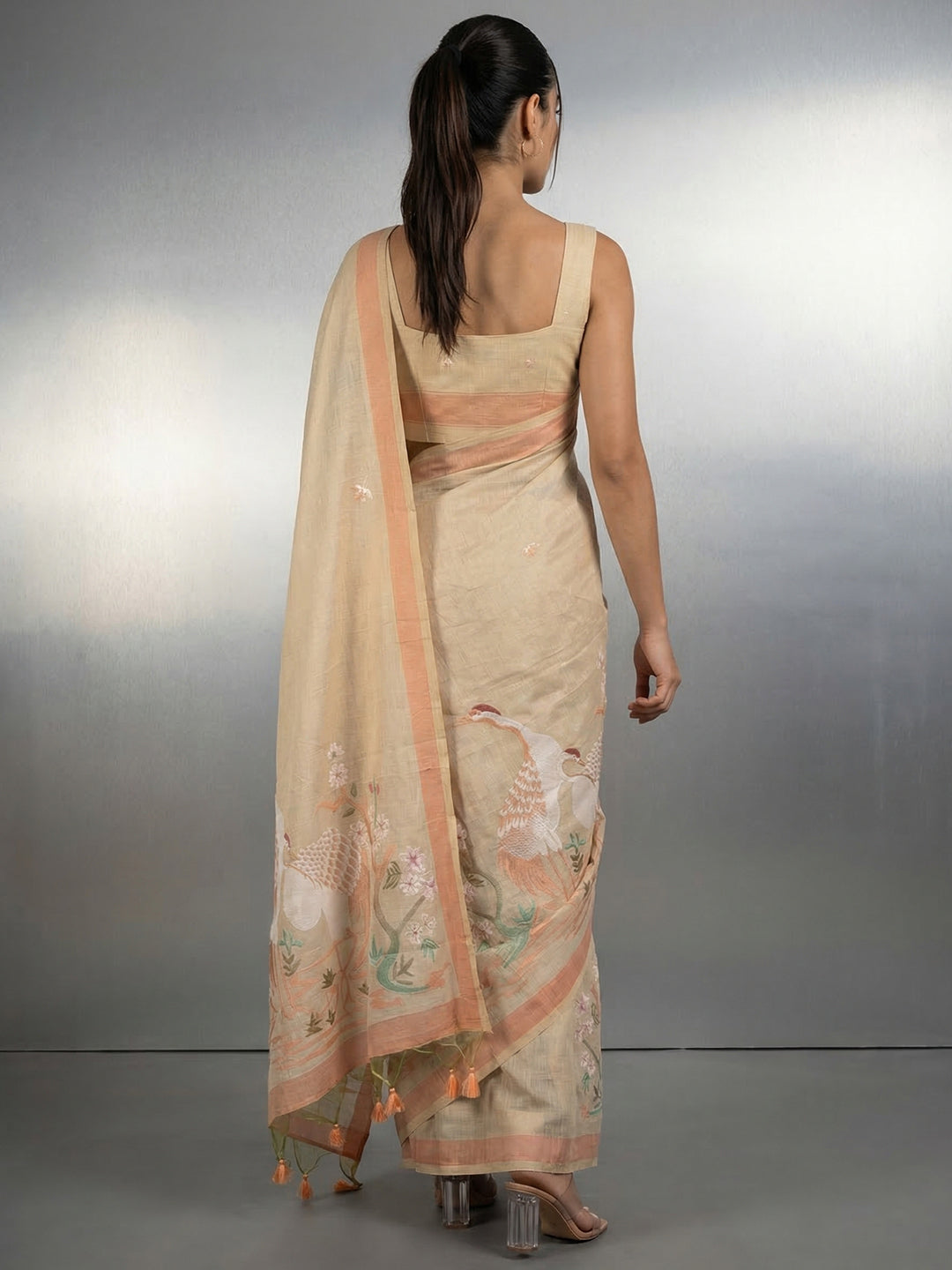Chickoo Resham Soft Muga Cotton Birds Pattern Saree