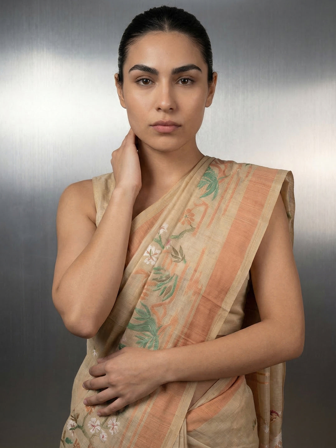 Chickoo Resham Soft Muga Cotton Birds Pattern Saree