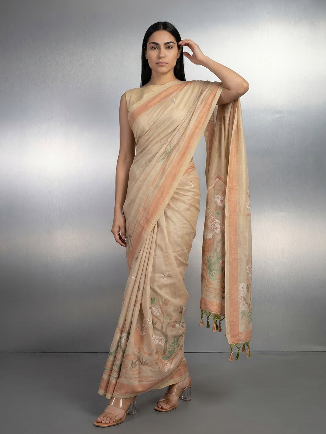 Chickoo Resham Soft Muga Cotton Birds Pattern Saree