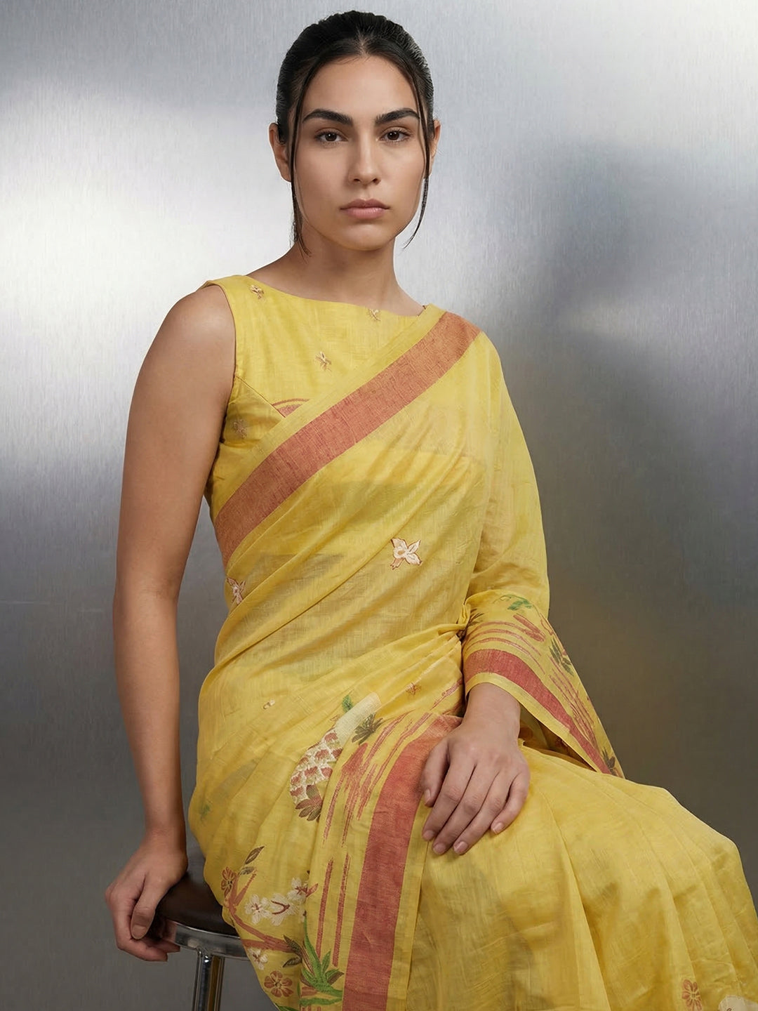 Yellow Resham Soft Muga Cotton Birds Pattern Saree