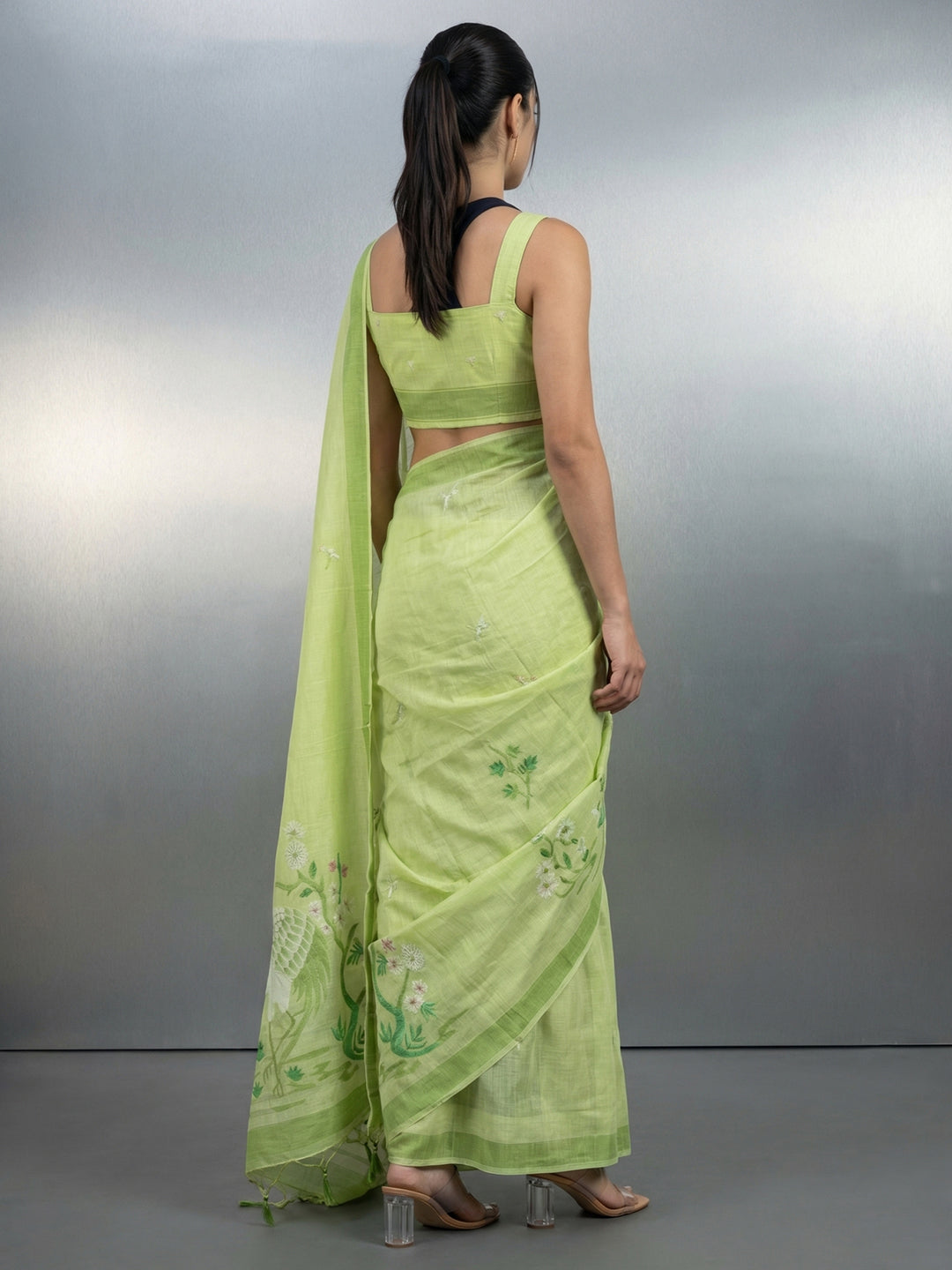 Pista Green Resham Soft Muga Cotton Birds Pattern Saree