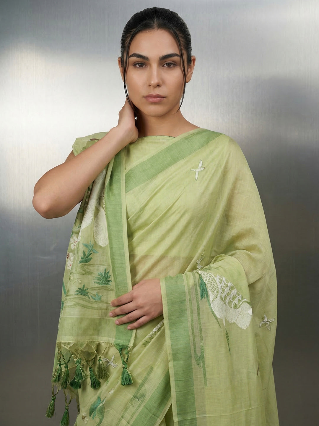 Pista Green Resham Soft Muga Cotton Birds Pattern Saree