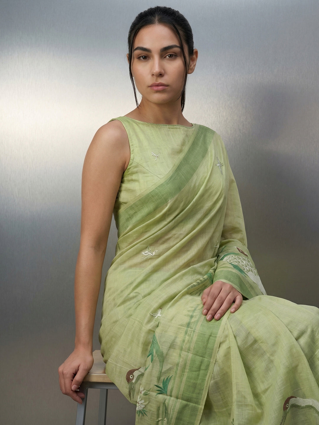 Pista Green Resham Soft Muga Cotton Birds Pattern Saree