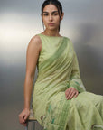 Pista Green Resham Soft Muga Cotton Birds Pattern Saree