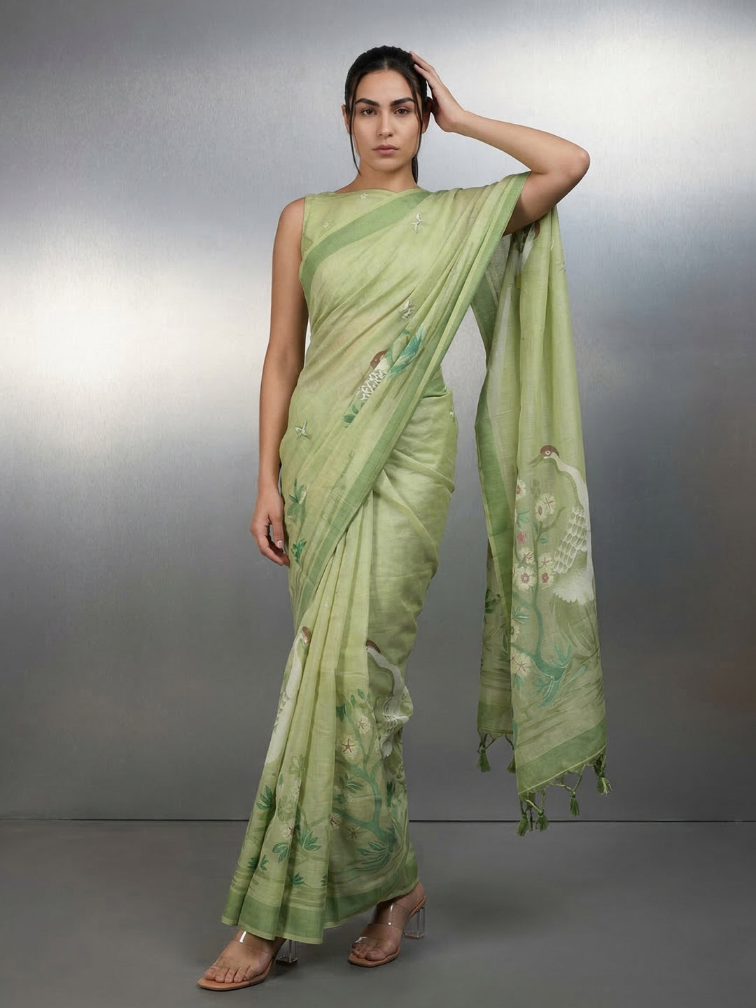 Pista Green Resham Soft Muga Cotton Birds Pattern Saree