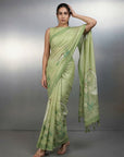 Pista Green Resham Soft Muga Cotton Birds Pattern Saree