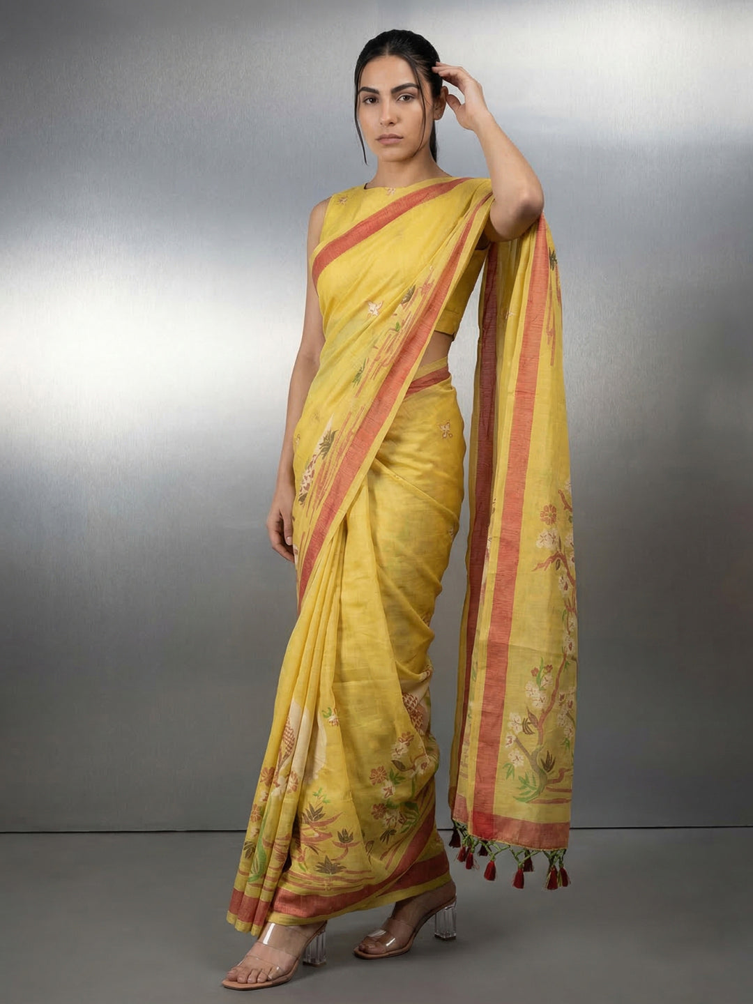 Yellow Resham Soft Muga Cotton Birds Pattern Saree