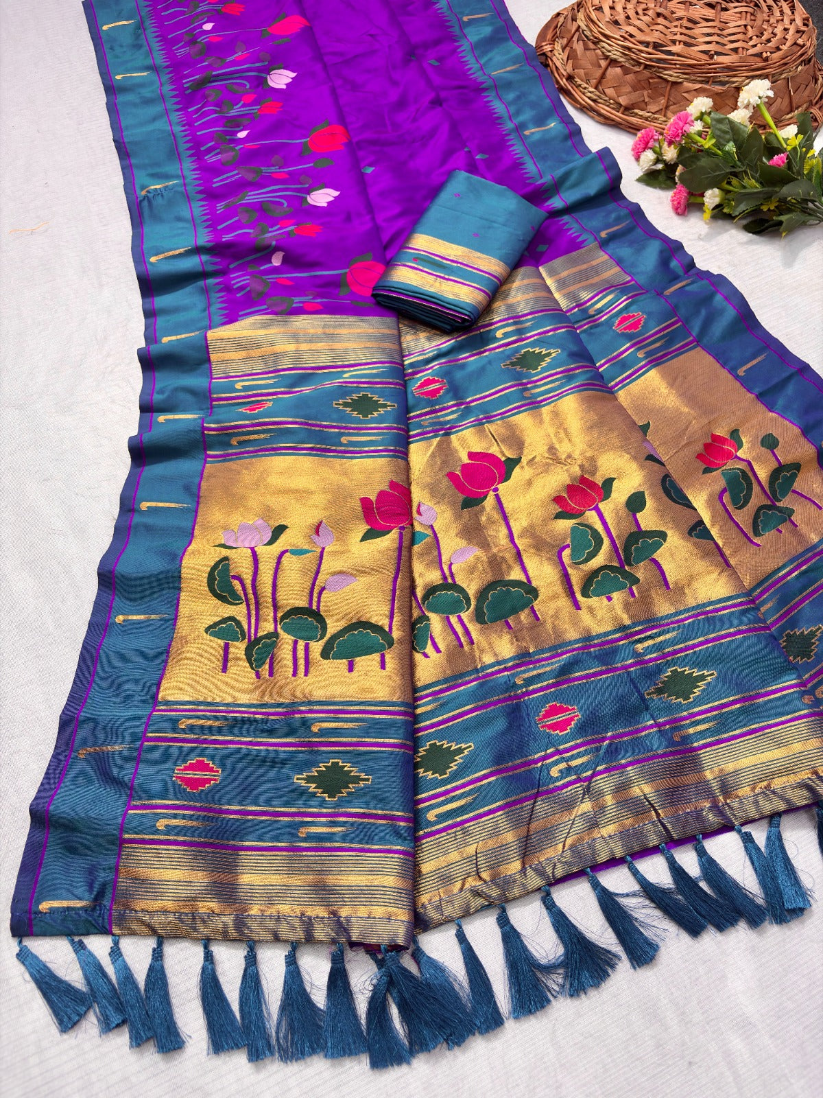 Purple Soft Paithani Silk Zari Woven Saree with Meenakari Lotus Pattern Saree