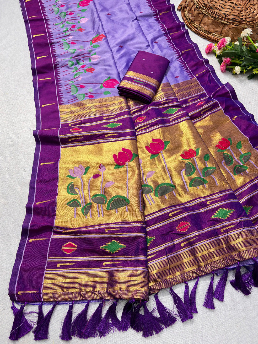 Lavender Soft Paithani Silk Zari Woven Saree with Meenakari Lotus Pattern Saree