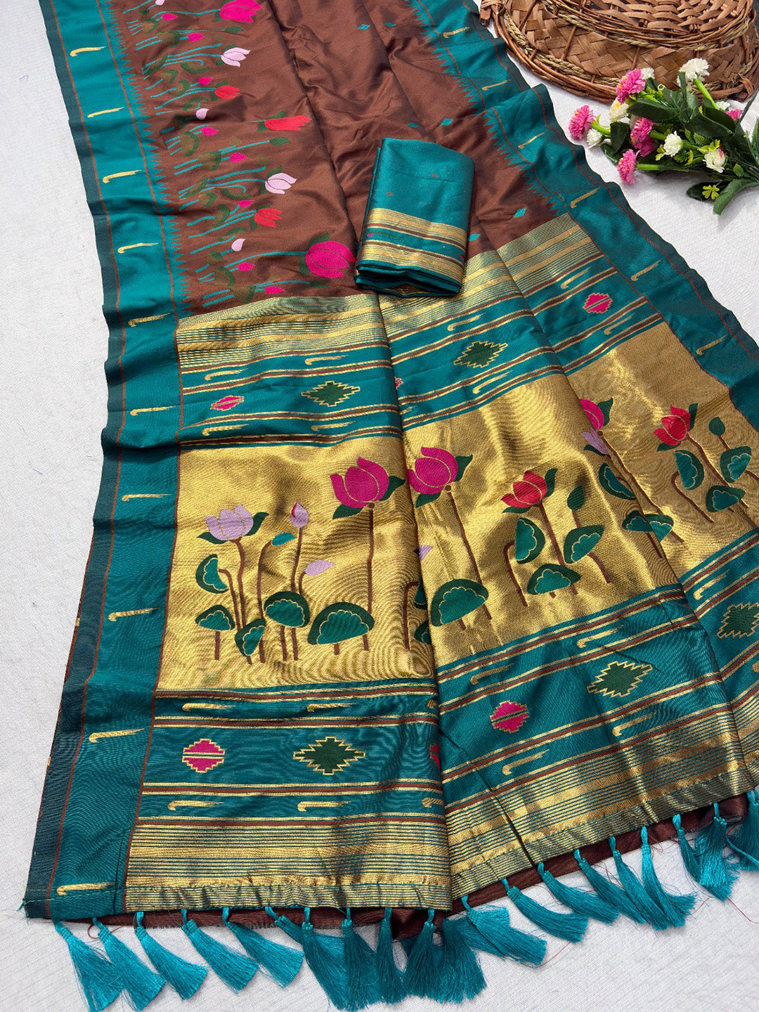 Coffee Soft Paithani Silk Zari Woven Saree with Meenakari Lotus Pattern Saree