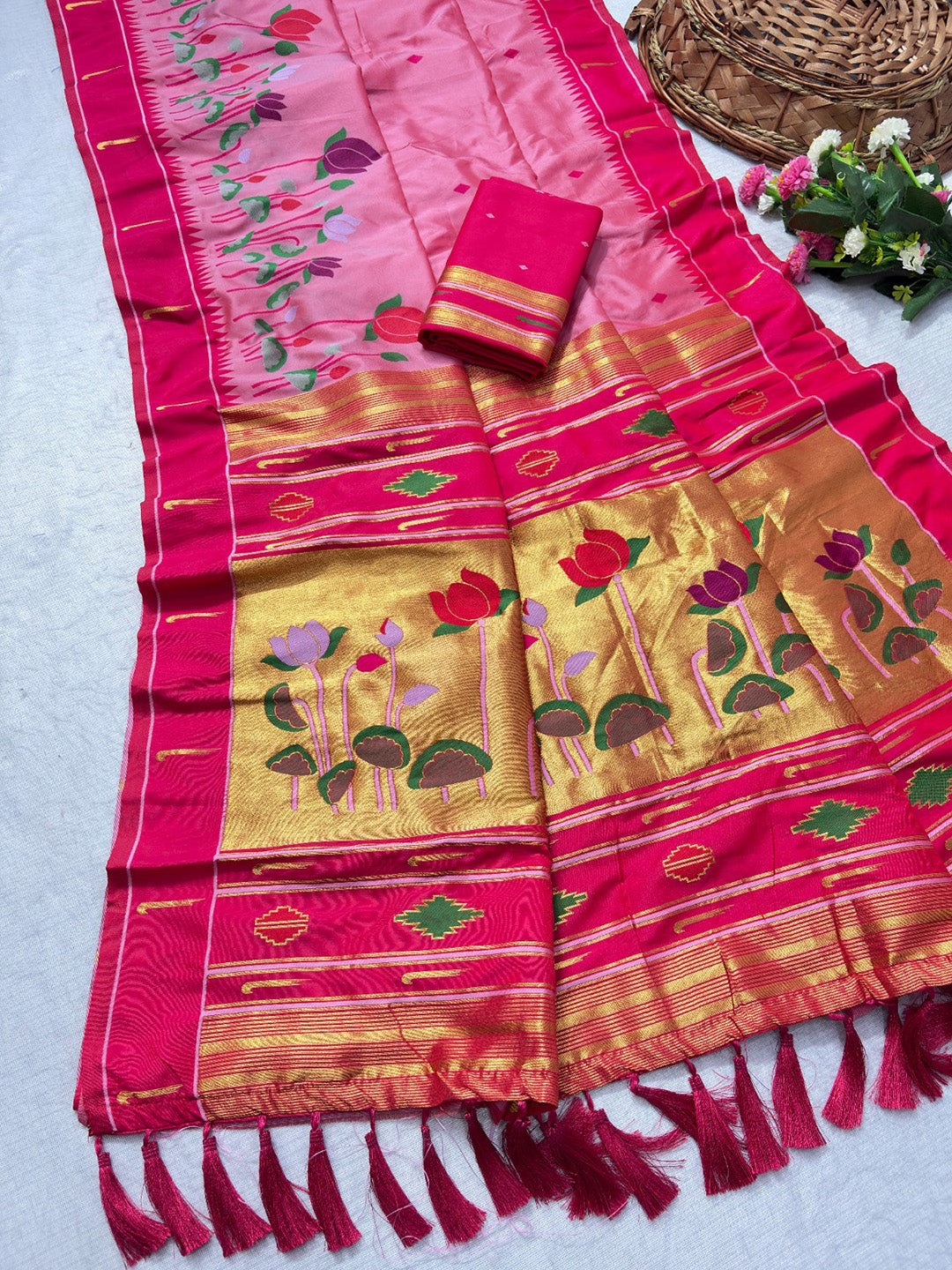 Baby Pink Soft Paithani Silk Zari Woven Saree with Meenakari Lotus Pattern Saree