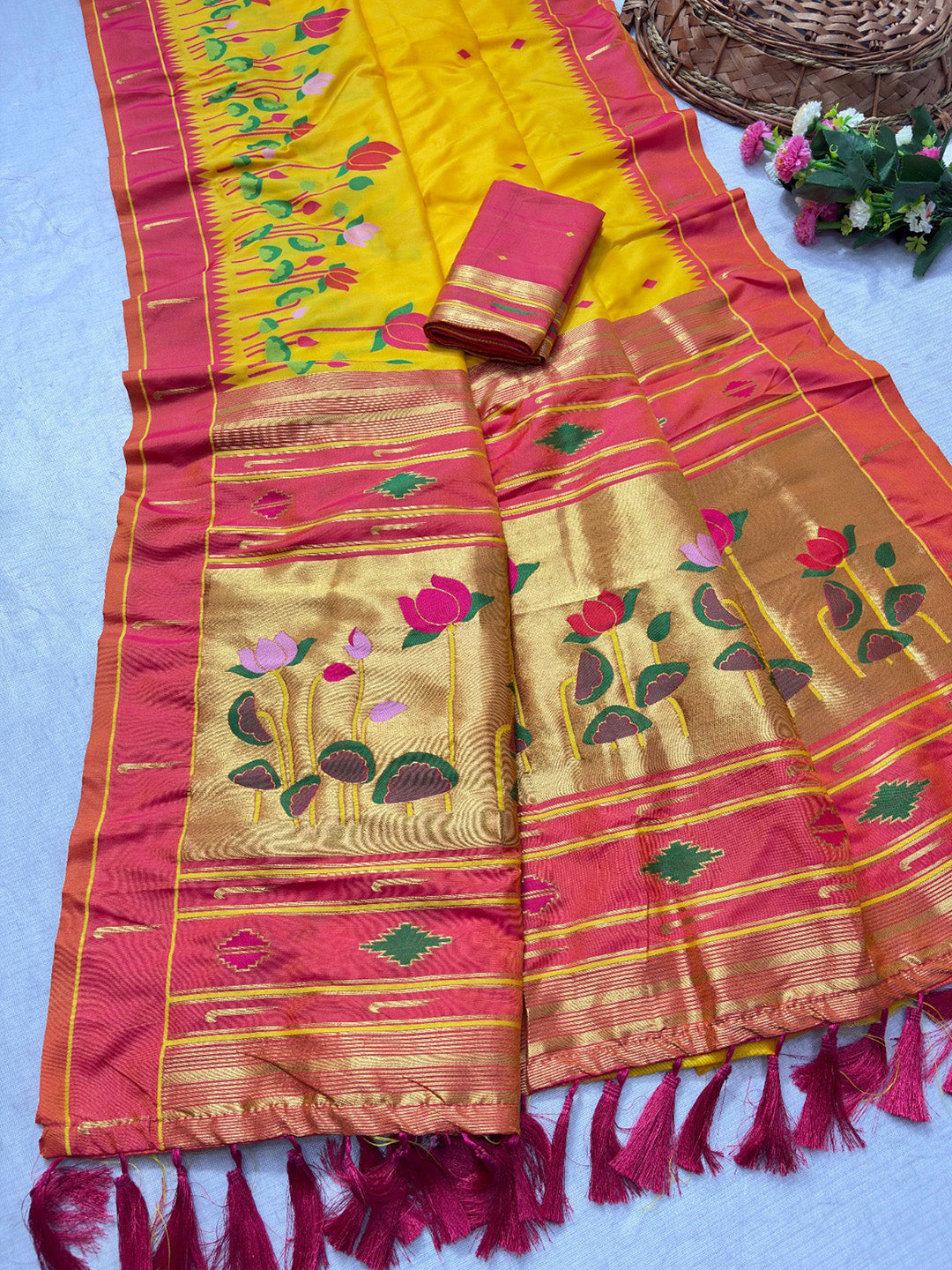Yellow Soft Paithani Silk Zari Woven Saree with Meenakari Lotus Pattern Saree