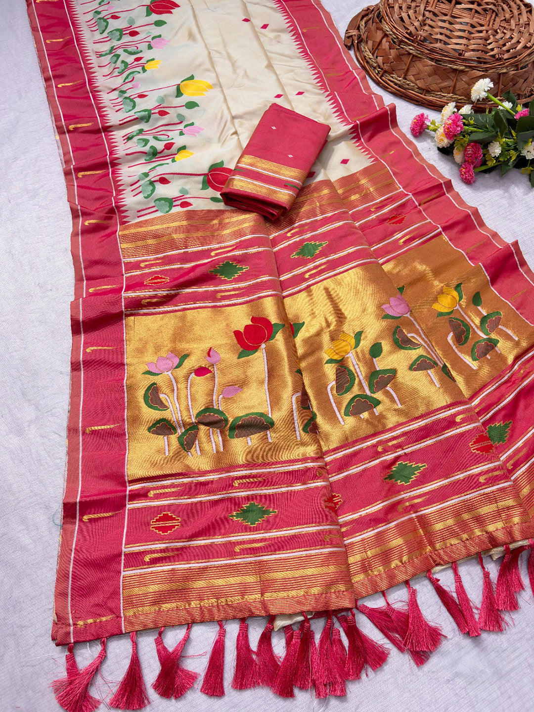 Cream Soft Paithani Silk Zari Woven Saree with Meenakari Lotus Pattern Saree