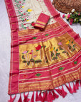 Cream Soft Paithani Silk Zari Woven Saree with Meenakari Lotus Pattern Saree