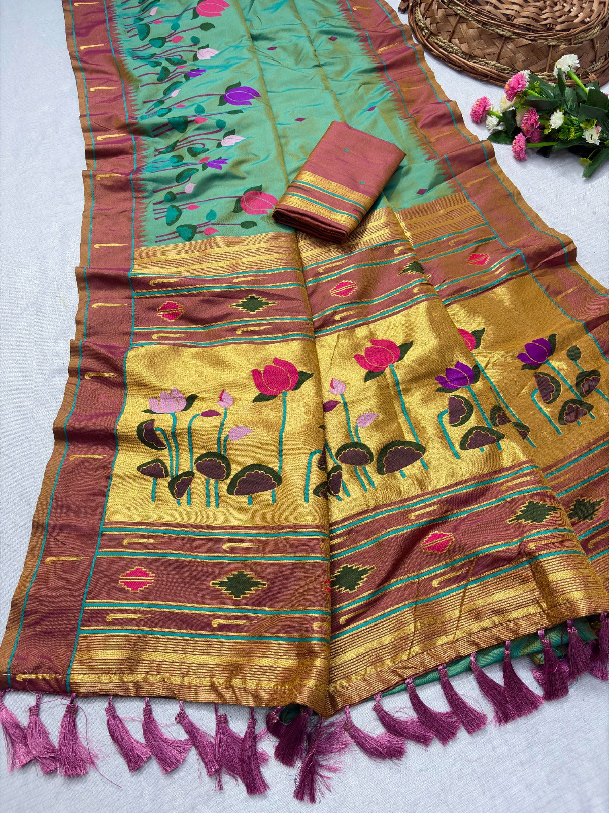 Green Soft Paithani Silk Zari Woven Saree with Meenakari Lotus Pattern Saree