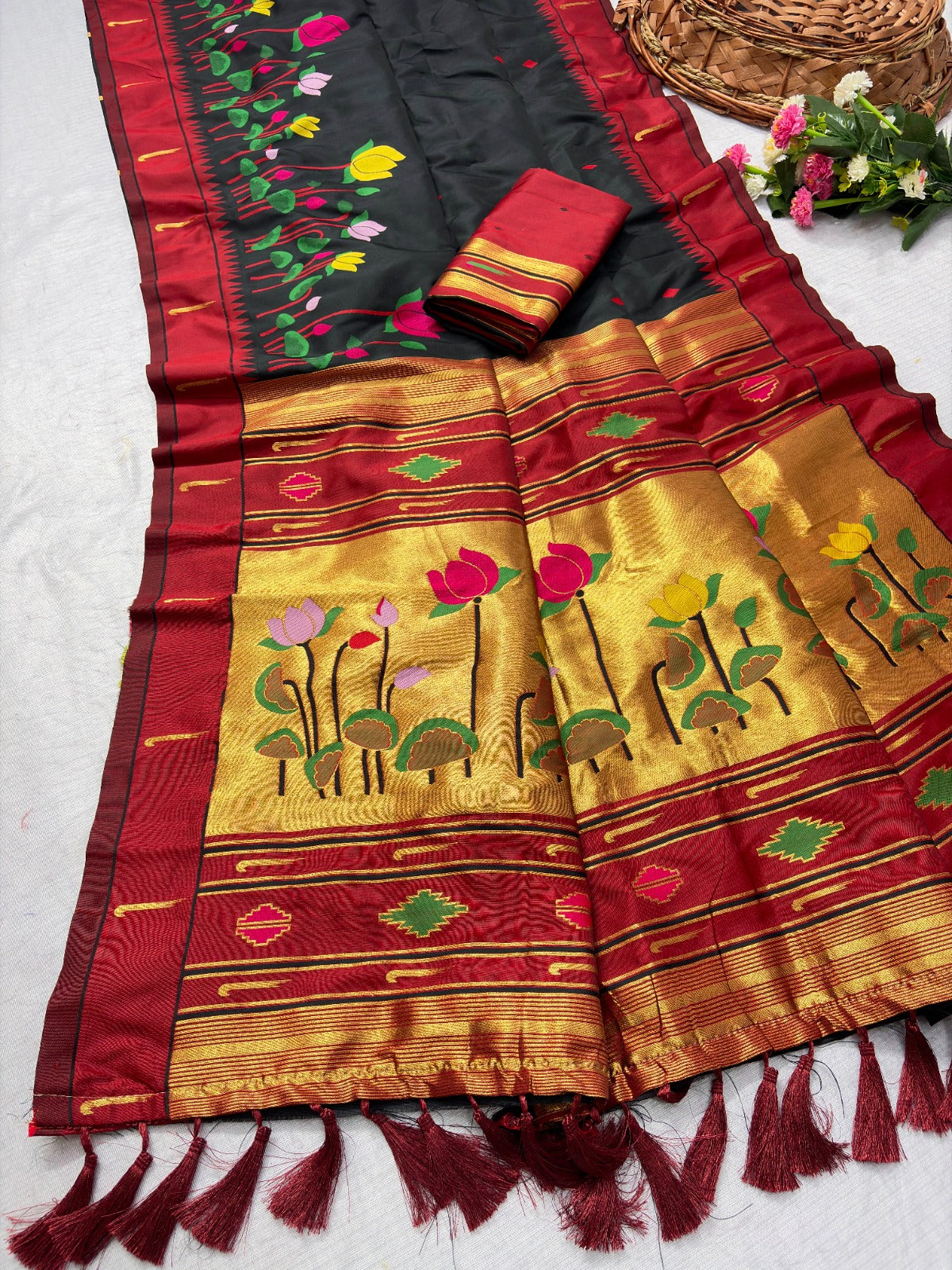 Black Soft Paithani Silk Zari Woven Saree with Meenakari Lotus Pattern Saree