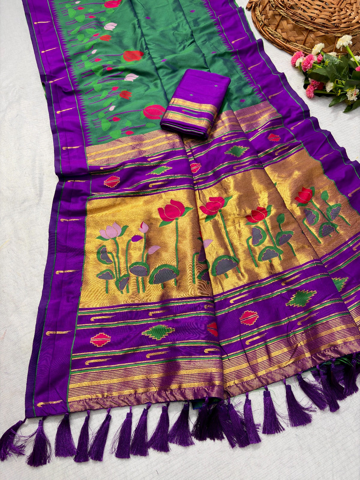 Peacock Blue Soft Paithani Silk Zari Woven Saree with Meenakari Lotus Pattern Saree
