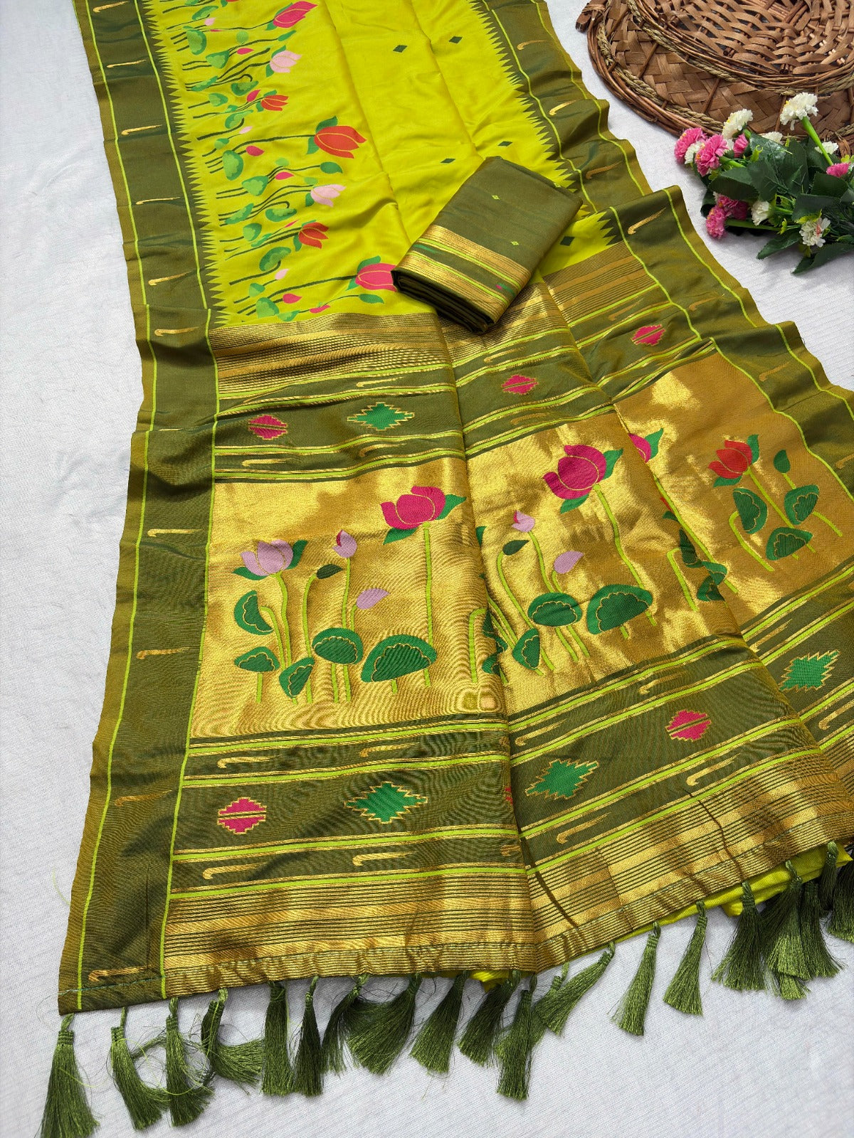 Mehendi Green Soft Paithani Silk Zari Woven Saree with Meenakari Lotus Pattern Saree