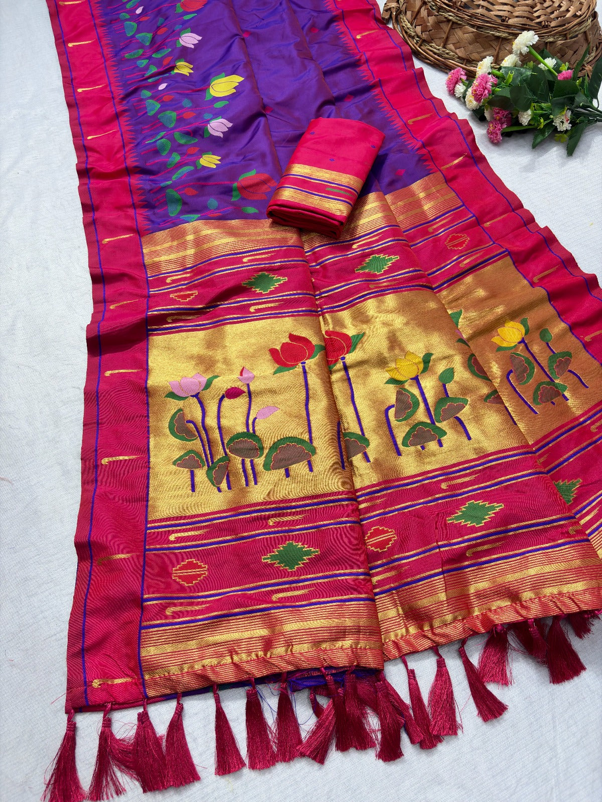 Purple (Red Tone) Soft Paithani Silk Zari Woven Saree with Meenakari Lotus Pattern Saree