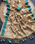 Rama Blue Soft Muga Cotton Resham Saree with Birds Pattern Saree