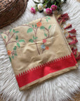 Red Soft Muga Cotton Resham Saree with Birds Pattern Saree