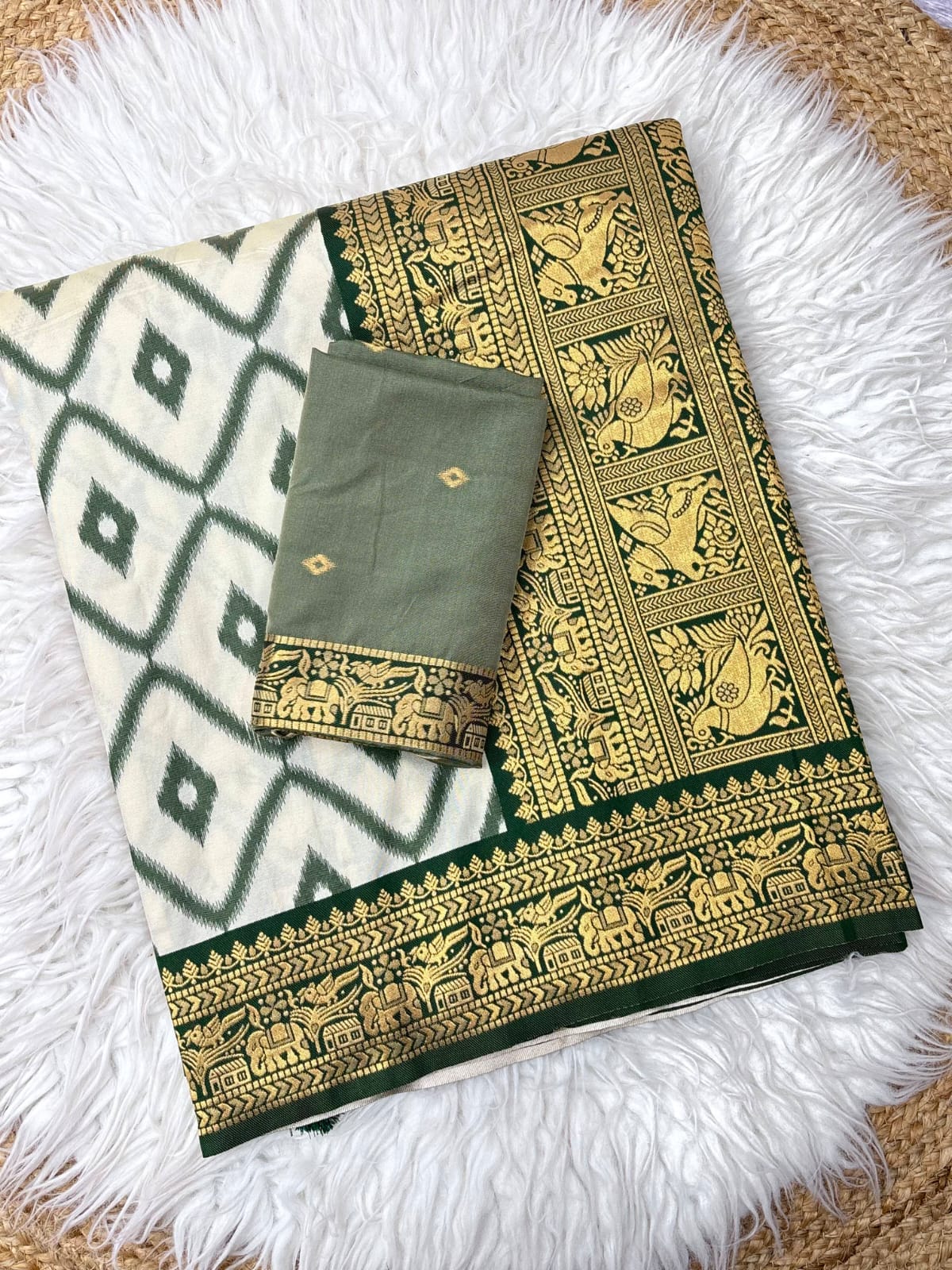 Bottle Green Soft Ikkat Leheriya Pochampally Silk Saree