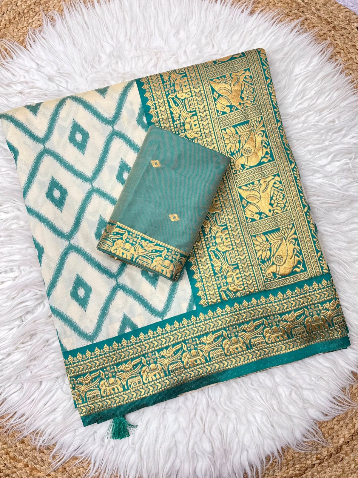 Rama Blue Soft Ikkat Leheriya Pochampally Silk Saree