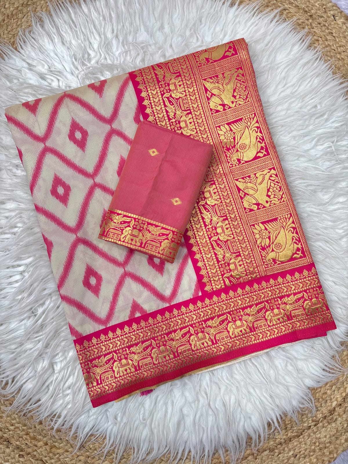 Rani Pink Soft Ikkat Leheriya Pochampally Silk Saree
