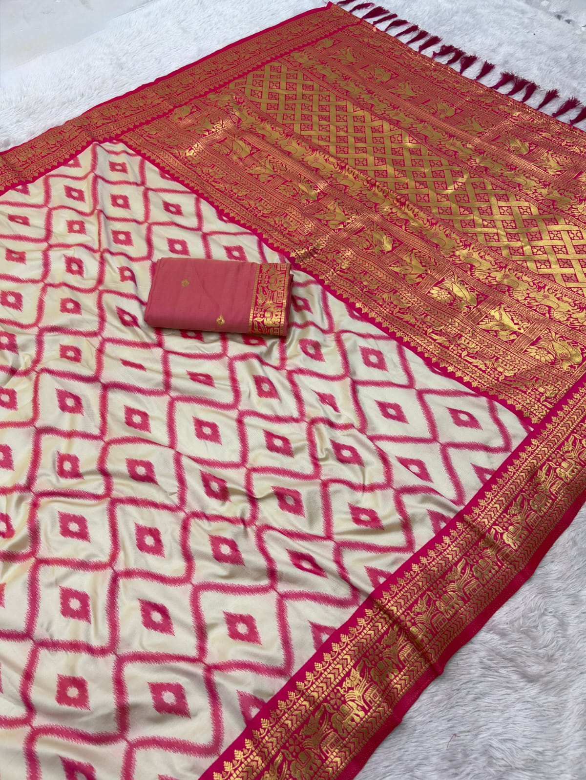 Rani Pink Soft Ikkat Leheriya Pochampally Silk Saree