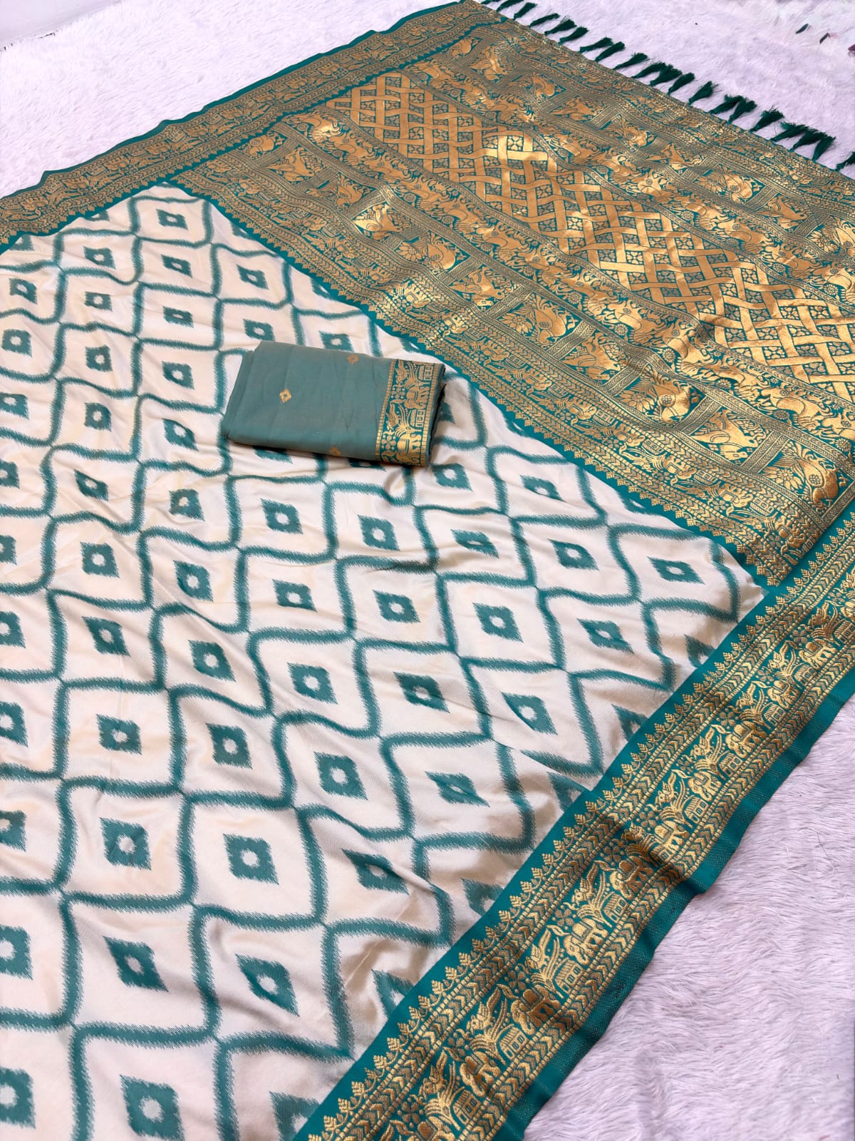 Rama Blue Soft Ikkat Leheriya Pochampally Silk Saree