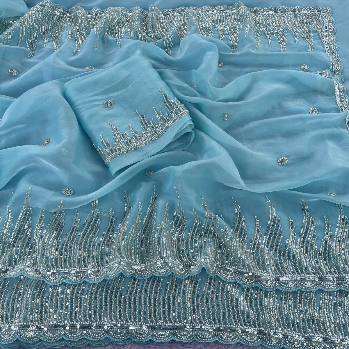 Blue Premiun NC Moss Fabric Saree with Pearl Work