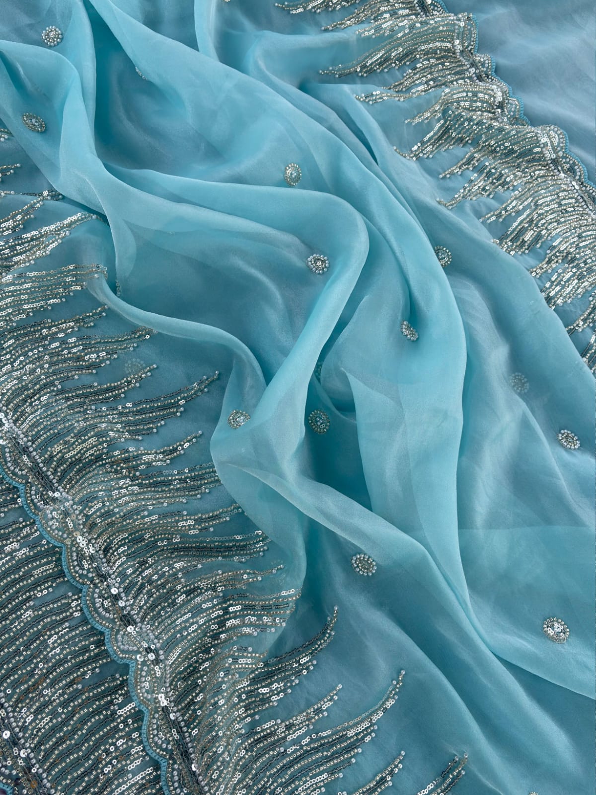 Blue Premiun NC Moss Fabric Saree with Pearl Work