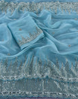 Blue Premiun NC Moss Fabric Saree with Pearl Work