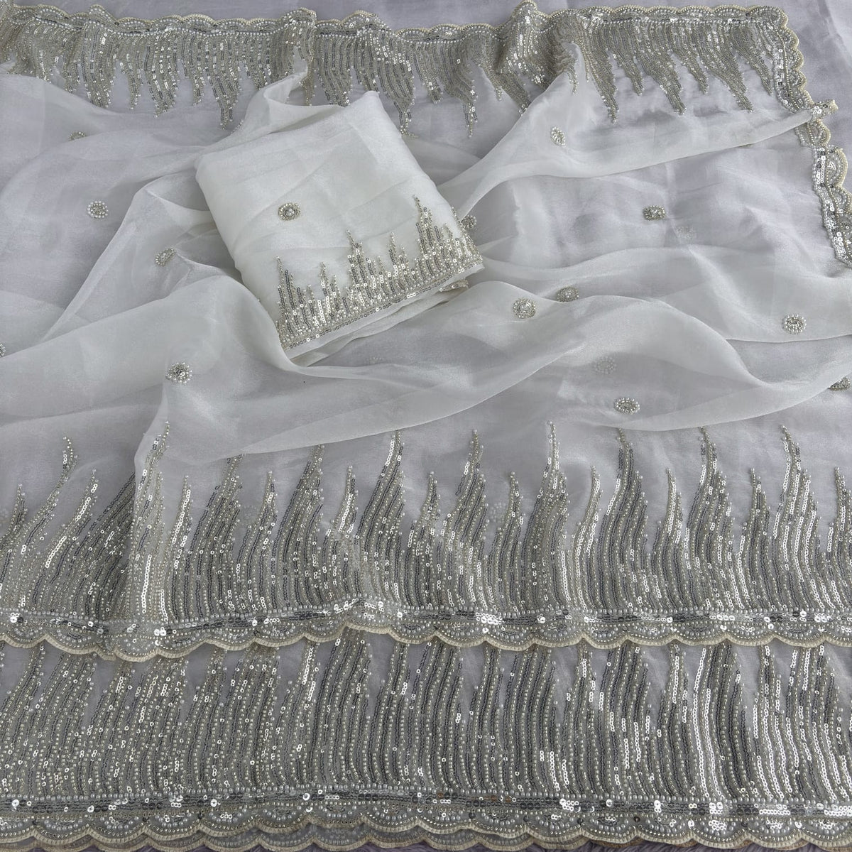 White Premiun NC Moss Fabric Saree with Pearl Work