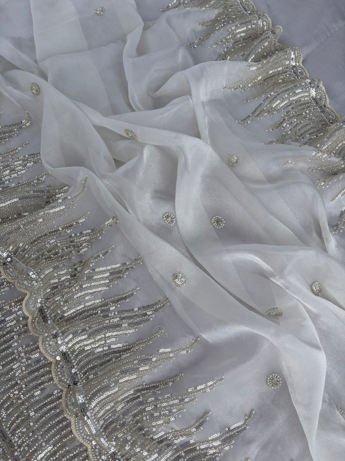 White Premiun NC Moss Fabric Saree with Pearl Work