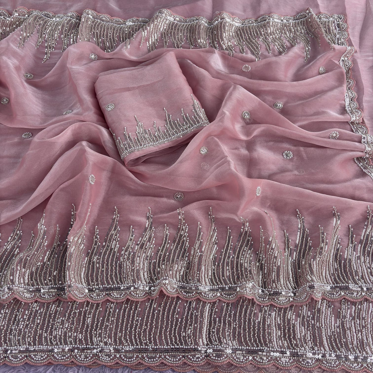 Peach Premiun NC Moss Fabric Saree with Pearl Work