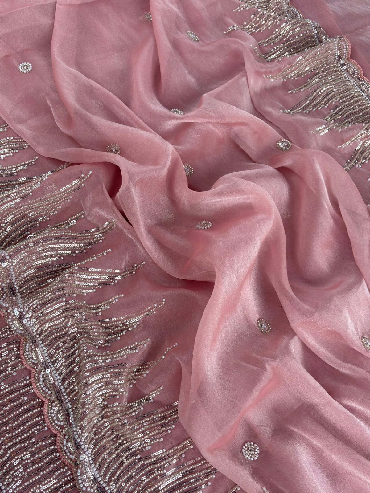 Peach Premiun NC Moss Fabric Saree with Pearl Work
