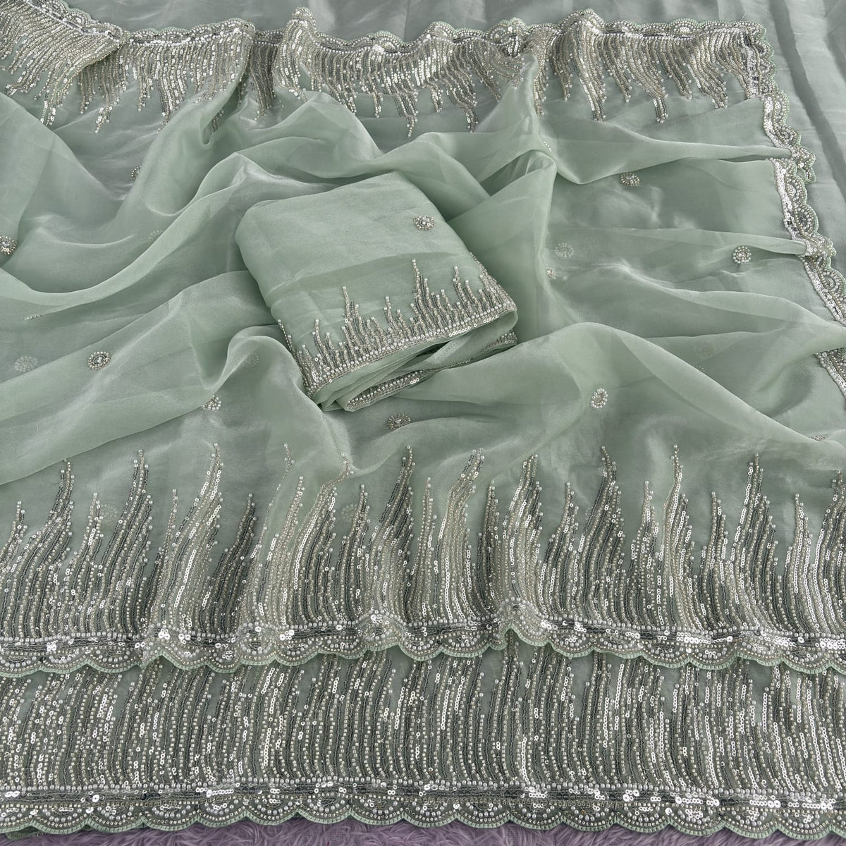 Pista Green Premiun NC Moss Fabric Saree with Pearl Work