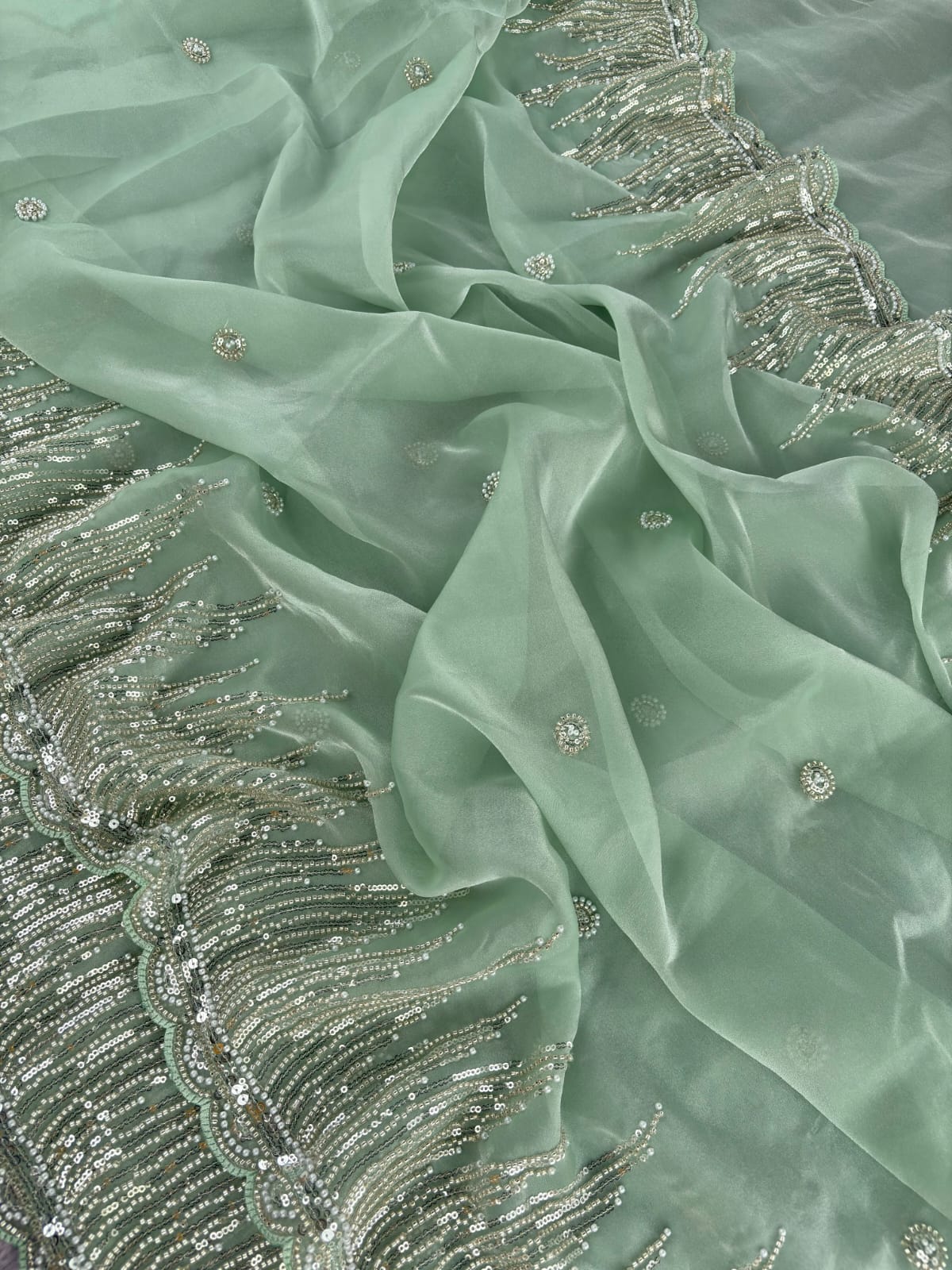 Pista Green Premiun NC Moss Fabric Saree with Pearl Work