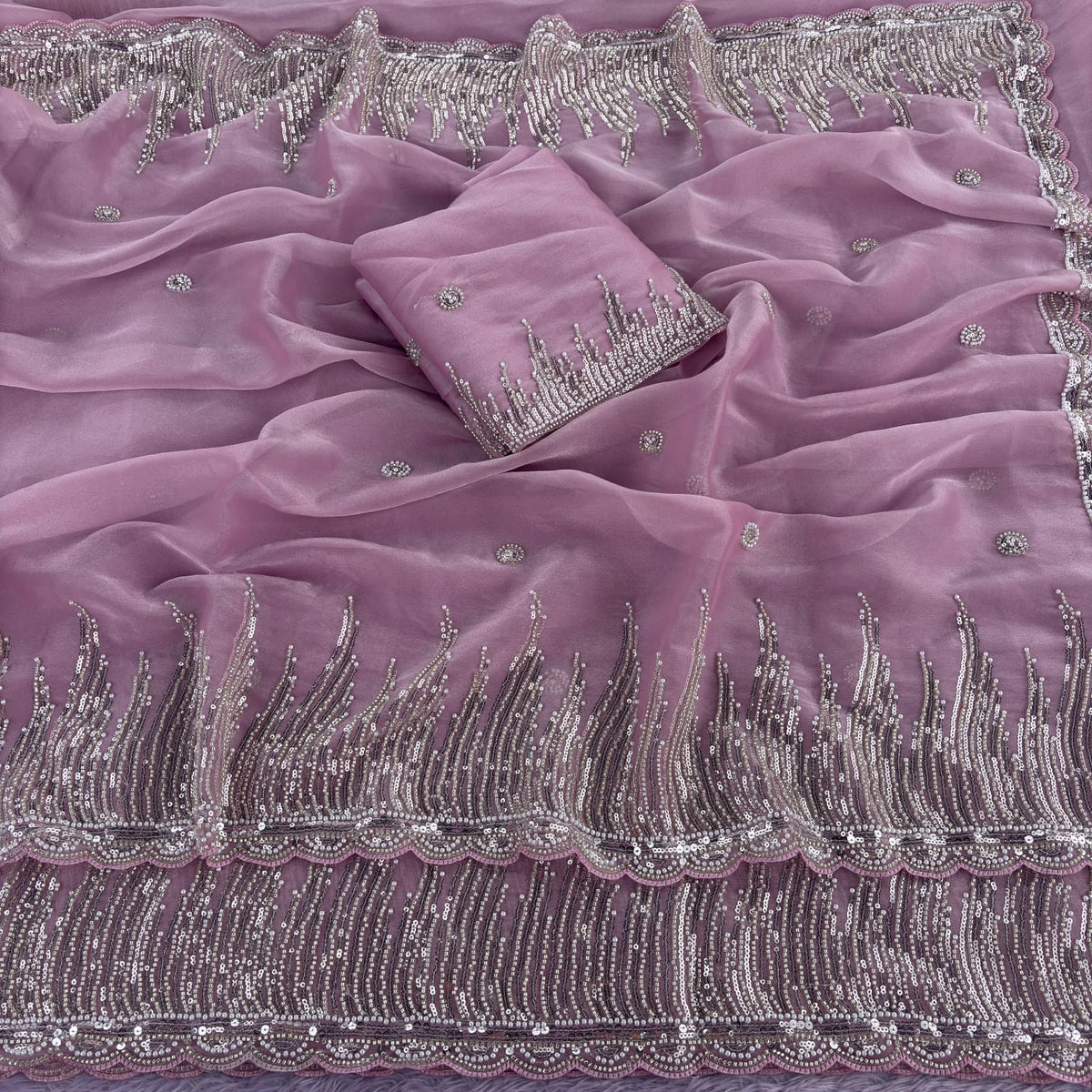 Pink Premiun NC Moss Fabric Saree with Pearl Work