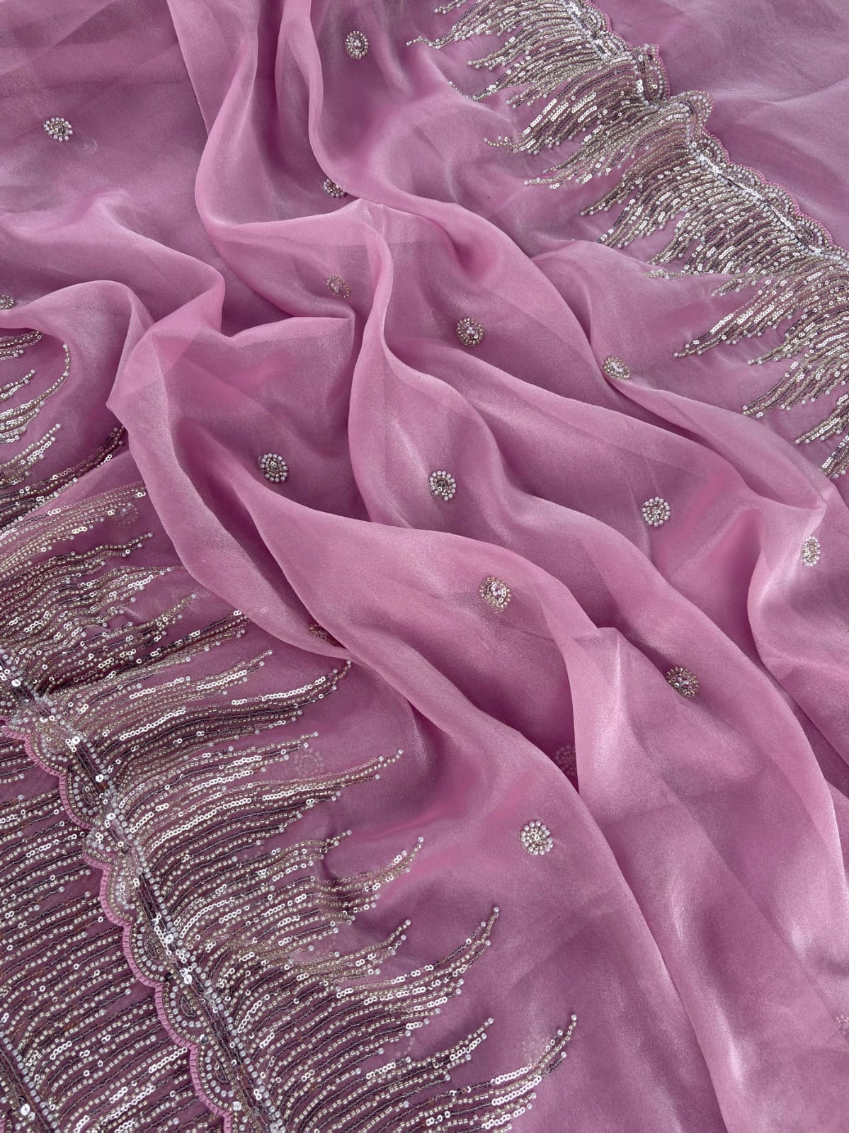 Pink Premiun NC Moss Fabric Saree with Pearl Work