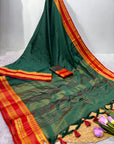 Bottle Green Traditional Narayanpet Mul Cotton Saree